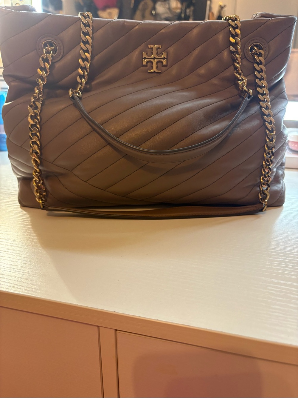 Tory Burch quilted Kira tote in taupe